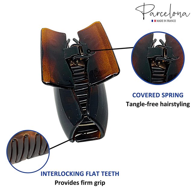 Caparazón de tortuga oblongo francés marrón grande 3 3/4 "acetato de celuloide hecho en Francia Clip de pinza de pelo de mandíbula resistente con dientes planos resorte cubierto para ha grueso