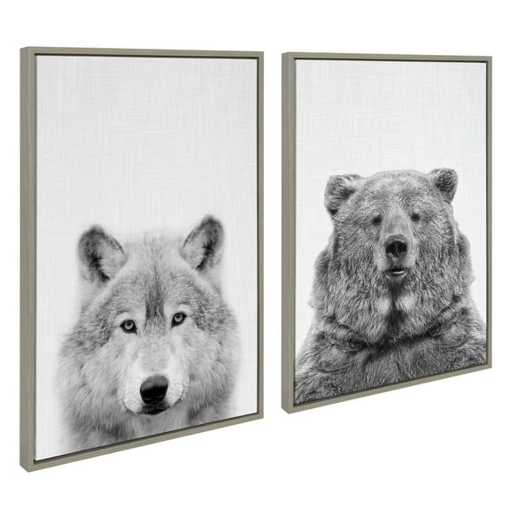 Kate and Laurel Sylvie Wolf and Bear European Framed Canvas Wall Art Set by Simon Te of Tai Prints, 2 Piece 23x33 Gray, Modern Nature Animals Art for Wall Home Decor