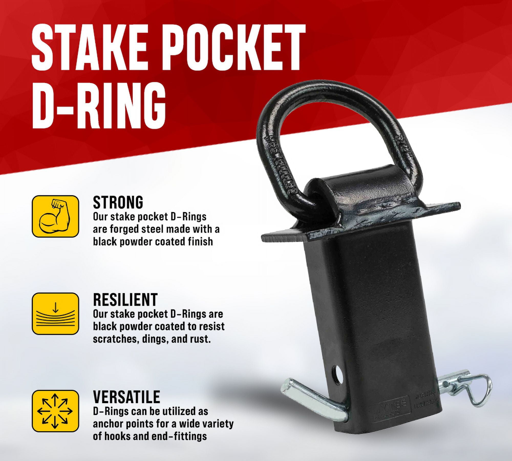 (8 Pack) Heavy Duty Adjustable Trailer Stake Pocket -Small 5/8 Inch Forged D Ring Black Powder Coated w/ 1/2" Hitch Pin, Load Limit 5400 lbs & 2 Adjustable Holes | Stake Pocket D-Ring