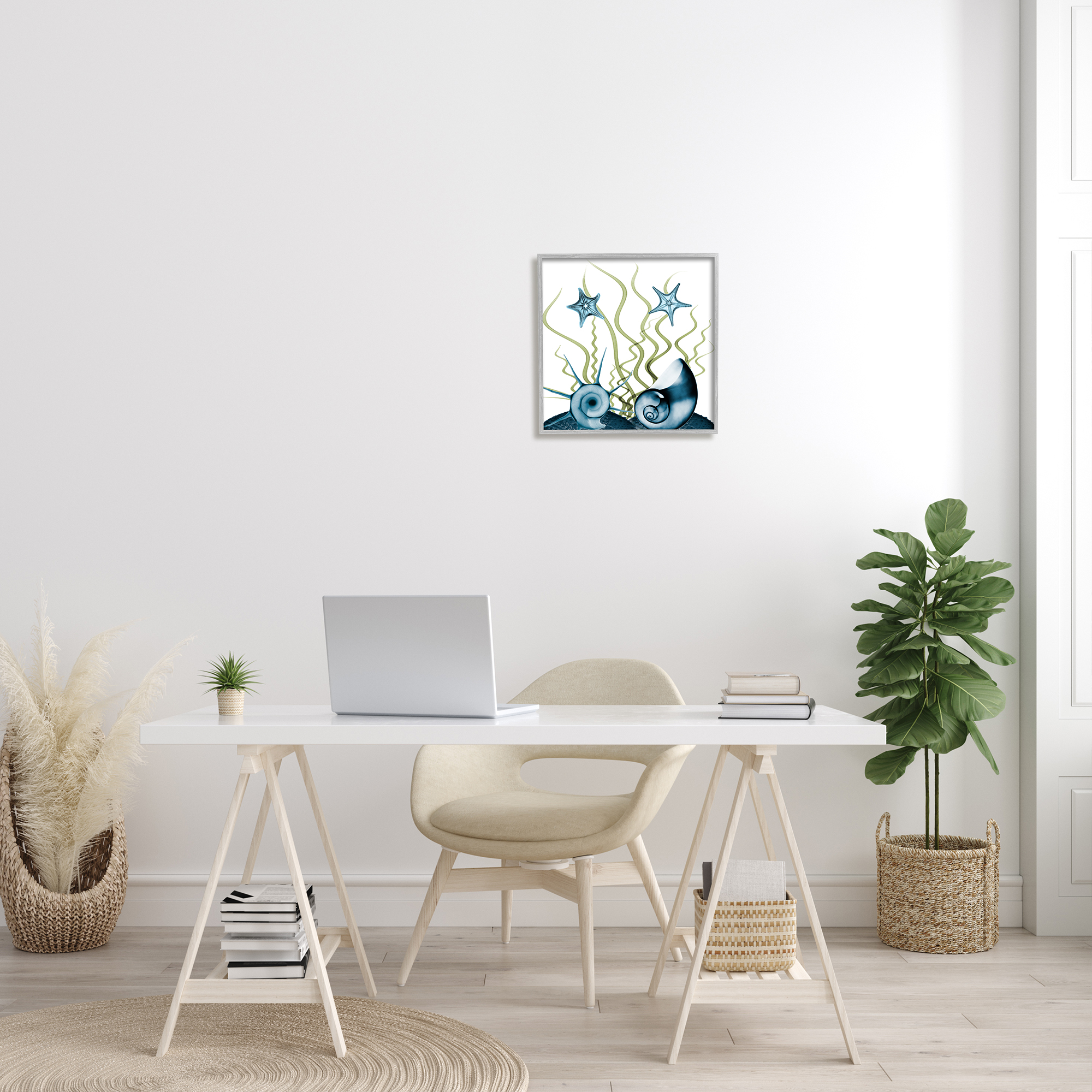 Navy Blue Sea Floor Arrangement Translucent Shell Collage Animals & Insects Framed Art Print Wall Art, 17x17
