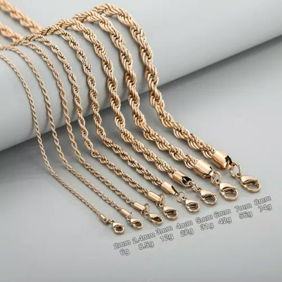 EOEMY 316L Stainless Steel Rope Chain 20"22"24" Men Women Necklace 2/2.4/3/4/5/7/8mm-Rose Gold-7mm-24Inch Or 61Cm