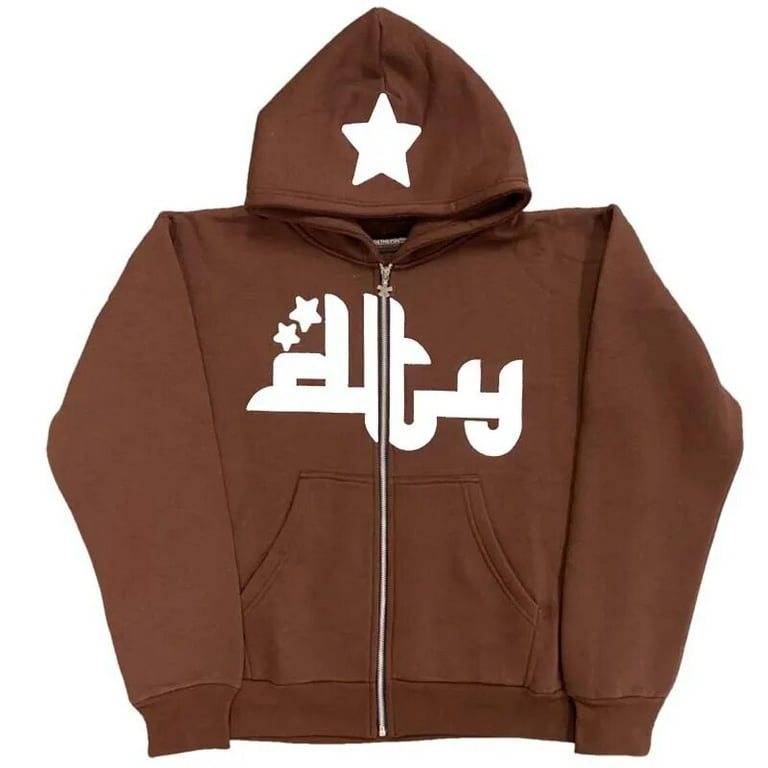 Star Letter Print Hoodie Men Fashion Zip Up Long Sleeve