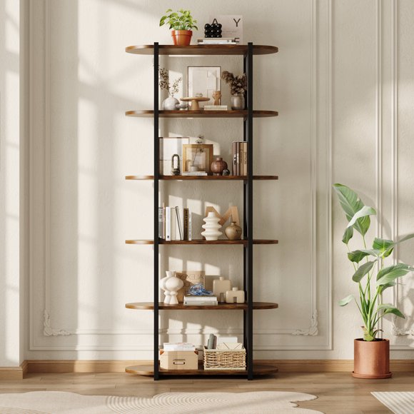 Industrial Bookcase with 6 Shelves – 71" Tall Metal Frame Storage Rack, Wood Grain Boards, Open Display Shelving for Home, Office & Living Space, Classic Brown Tone with Black Frame