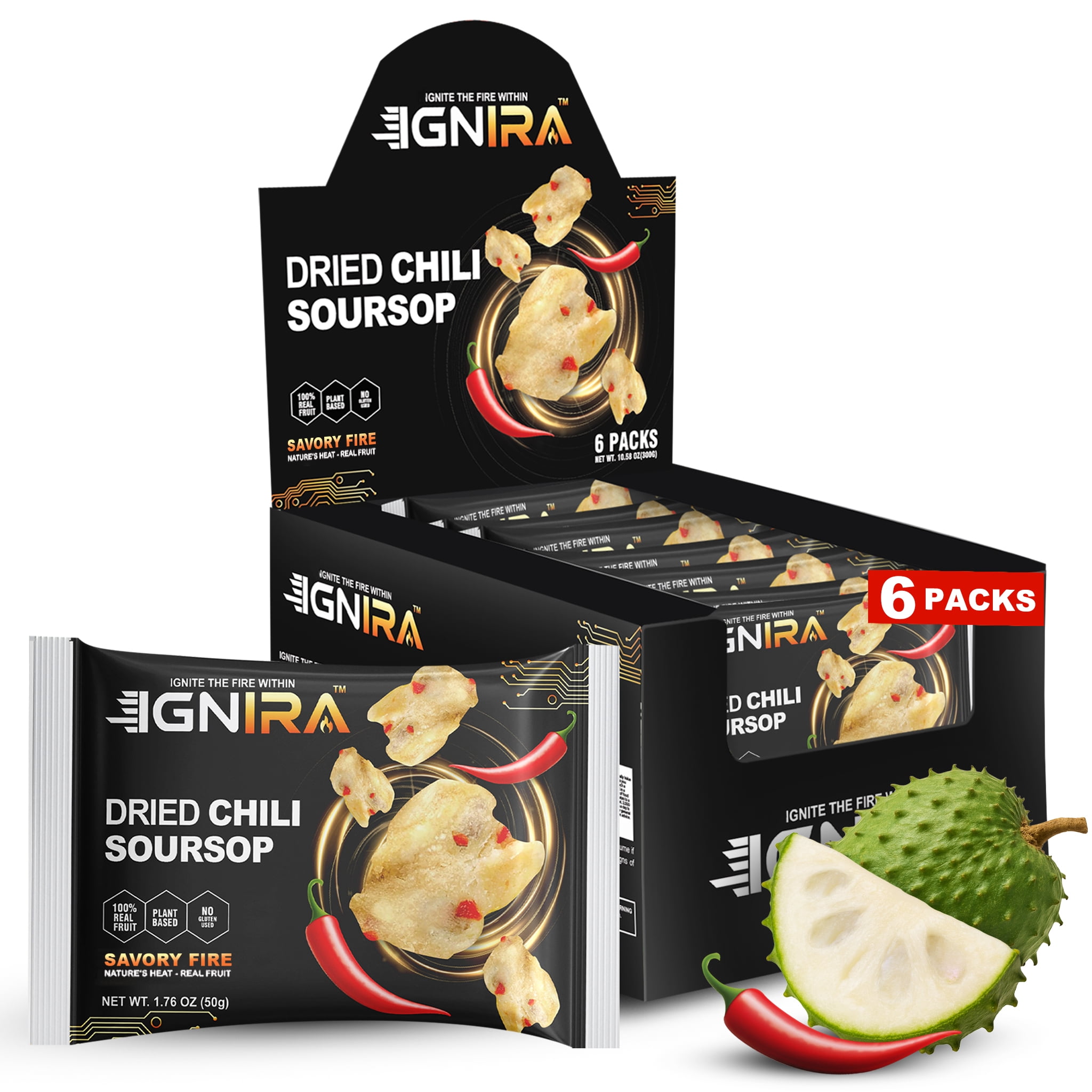 (5 pack) IGNIRA Dried Chili Soursop Fruit Snack, Vegan, Gluten-Free, Real Fruit Snack, Savory Fire energy Pack of 6 (10.56 oz)