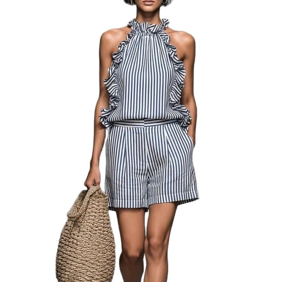 SuTry Women's 2 Piece Outfits Halter Neck Ruffled Sleeveless Top Striped Shorts with Pockets Casual Summer Vacation Matching Set