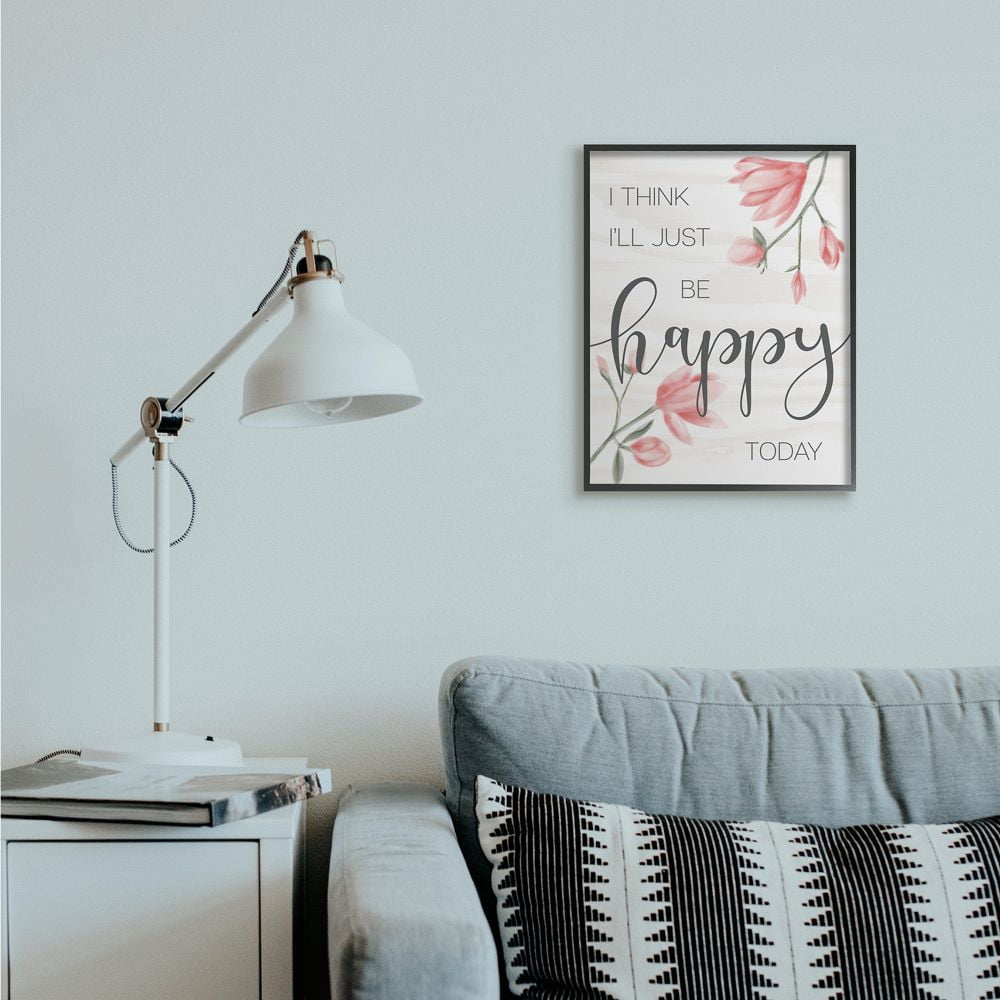 Stupell Industries Floral Just Be Happy Inspirational Quote Spring Feminine Framed Wall Art Design by Daphne Polselli, 16" x 20", Black Framed
