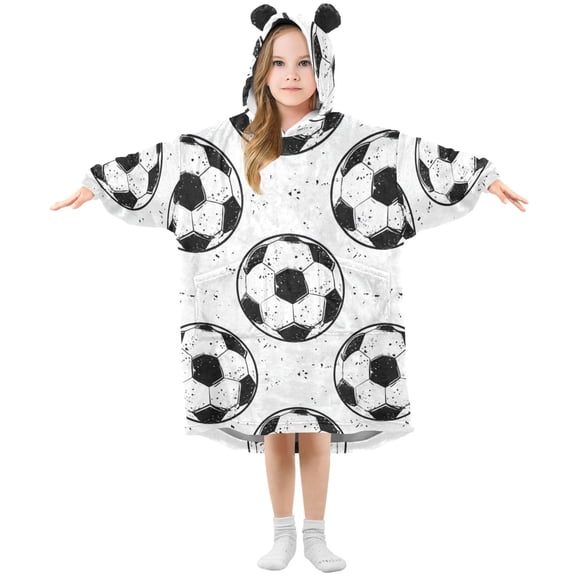 Doodle Football Patterns Flannel Wearable Blankets Hooded Design Long Sleeves Wrap Unisex for 3T-14Y S