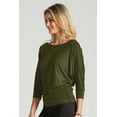 thumbnail image 3 of 5574 Women's Solid T Luxe Rayon Boat Neck Dolman 3/4 Sleeve With Side Ruched Top Olive 3X, 3 of 4