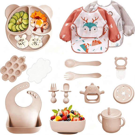 ACDANC Silicone Baby Feeding Set,14 Pcs Baby Led Weaning Supplies,Baby Spoons&Forks Suction Bowl Divided Plate Bib Cup,First Stage Solid Food Eating Utensils-6 Months (Beige)