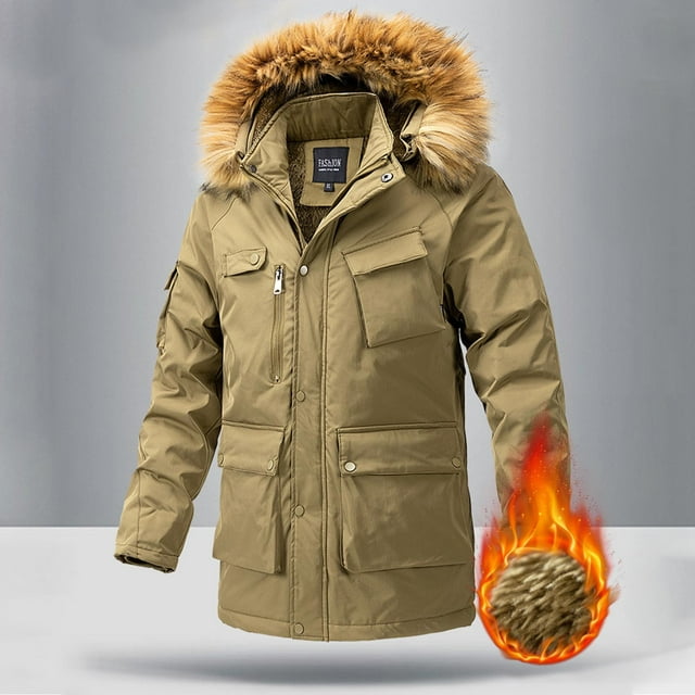 Xuniizn Puffer Jacket Men, Plus Size Multi Pockets Fleece Collar Solid Color Full Zip Waterproof Winbreaker Parka Jackets, Soft Thick Insulated Winter Outdoor Athletic Down Coats