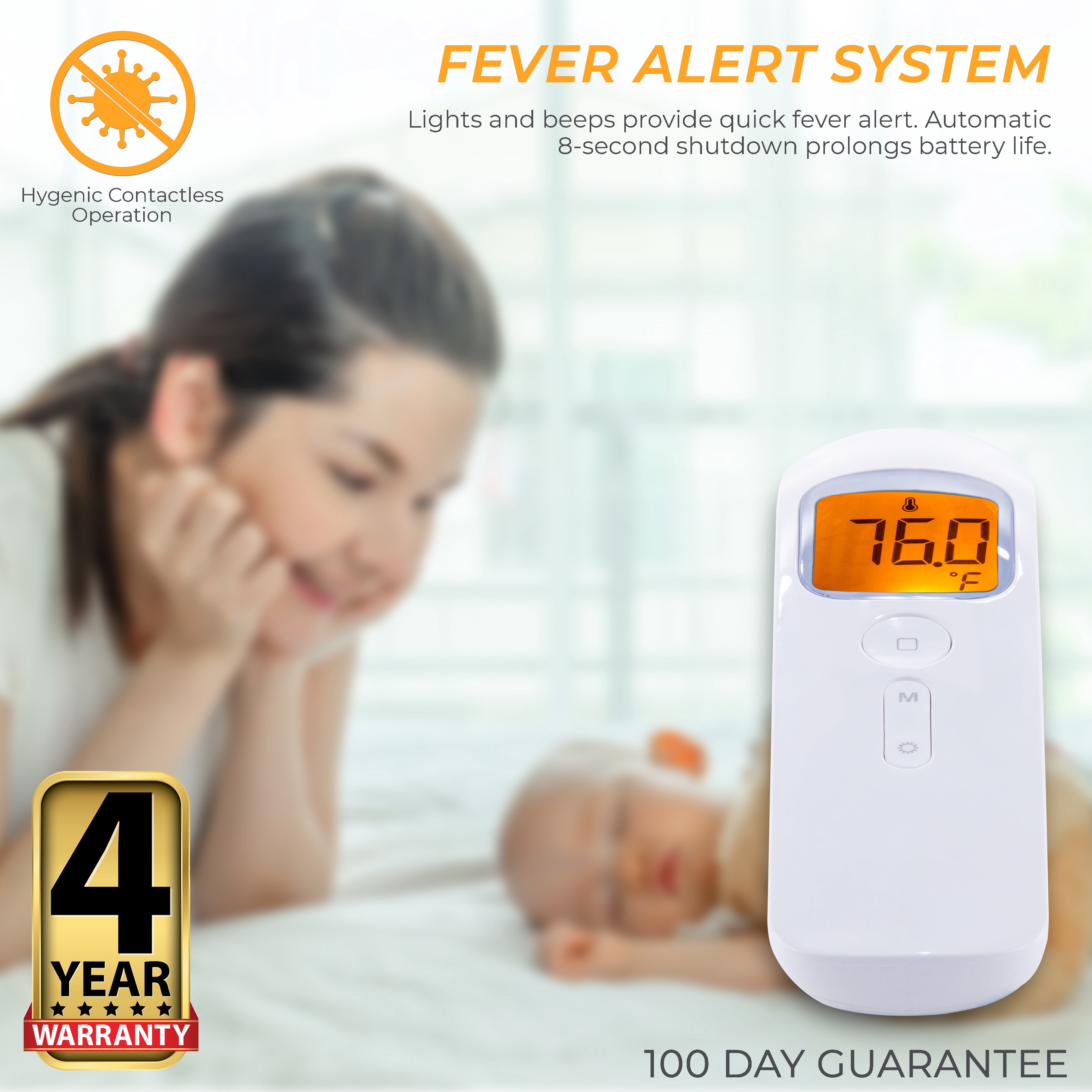 Infrared Forehead Thermometer ET03 - No Contact - Fast, Accurate Readout - Babies, Children, Adults - Hygienic - Automatic Shut Off - 32 Sets of Memory - Fever Alert System - Large LCD Backlit Screen