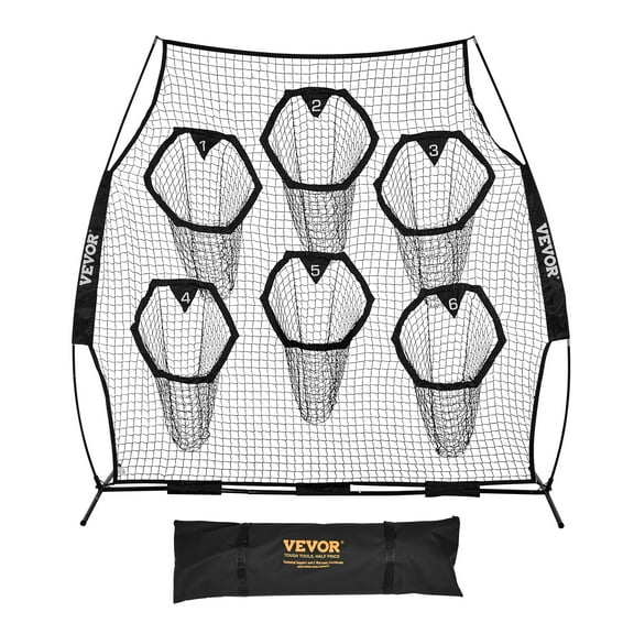 VEVOR 8 x 8 ft Football Trainer Throwing Net, Training Throwing Target Practice Net with 6 Target Pockets, Knotless Net Includes Straps and Portable Carry Case, Improve QB Throwing Accuracy, Black