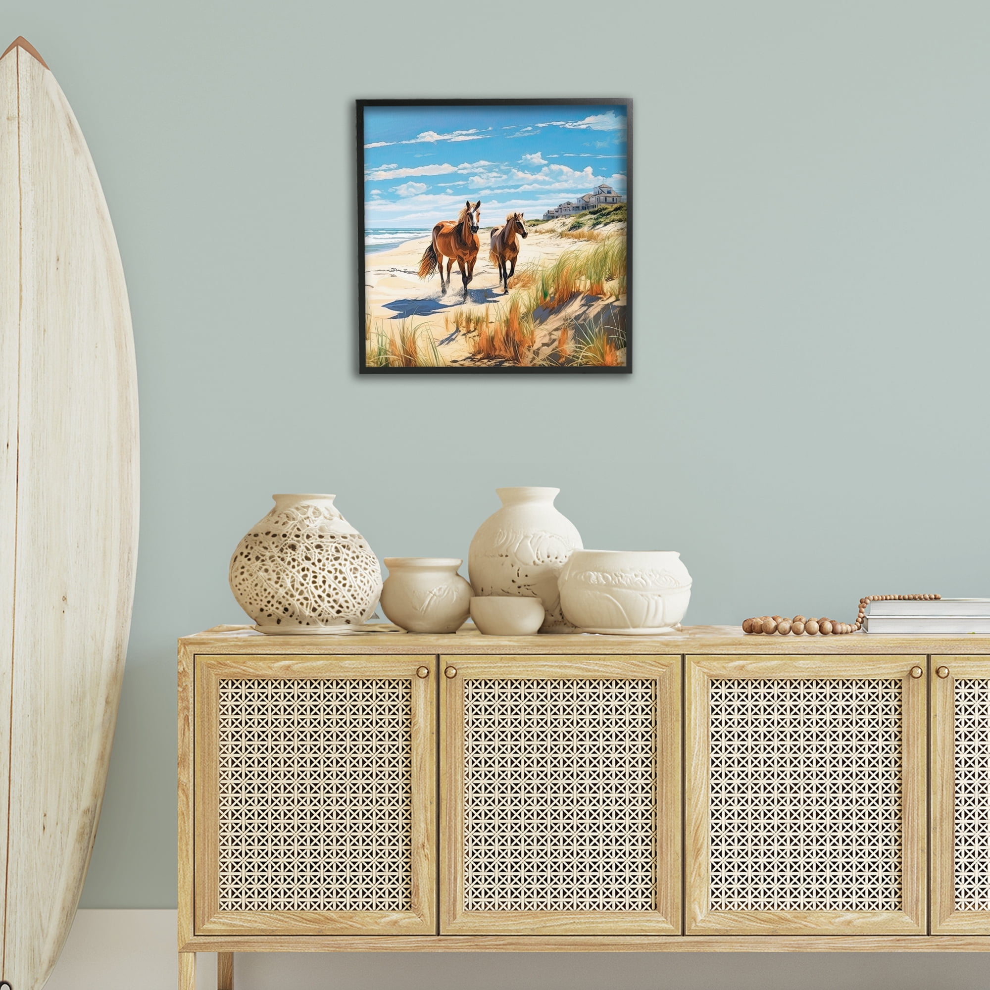 Stupell Industries Galloping Beach Horses Coastal Painting Black Framed Art Print Wall Art, 24 x 24