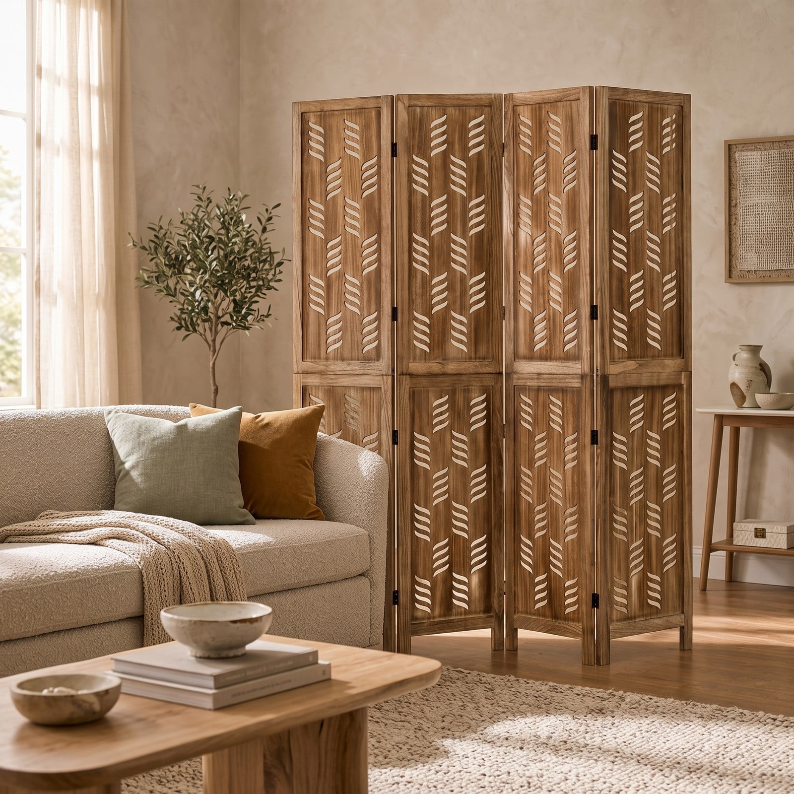 ALPULON 4-Panel Room Divider 5.5 FT Tall Folding Privacy Screen with Wave Cutout and Paulownia Wood Frame for Living Room Bedroom Office, Brown White
