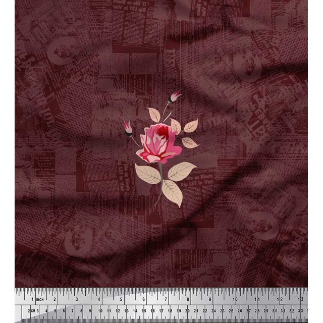 Soimoi Poly Georgette Fabric Texture,Leaves & Rose Flower Decor Fabric Printed Yard 52 Inch Wide