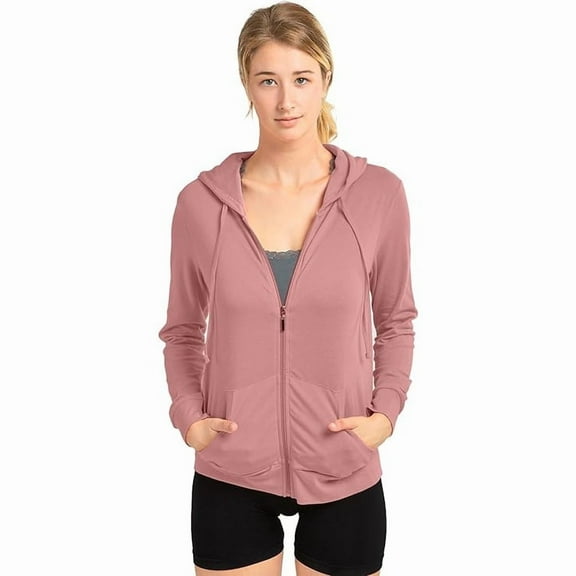 Sofra Women's Cotton Comfort Zip Up Hoodie Jersey Sweater - Mauve Rose - XXL