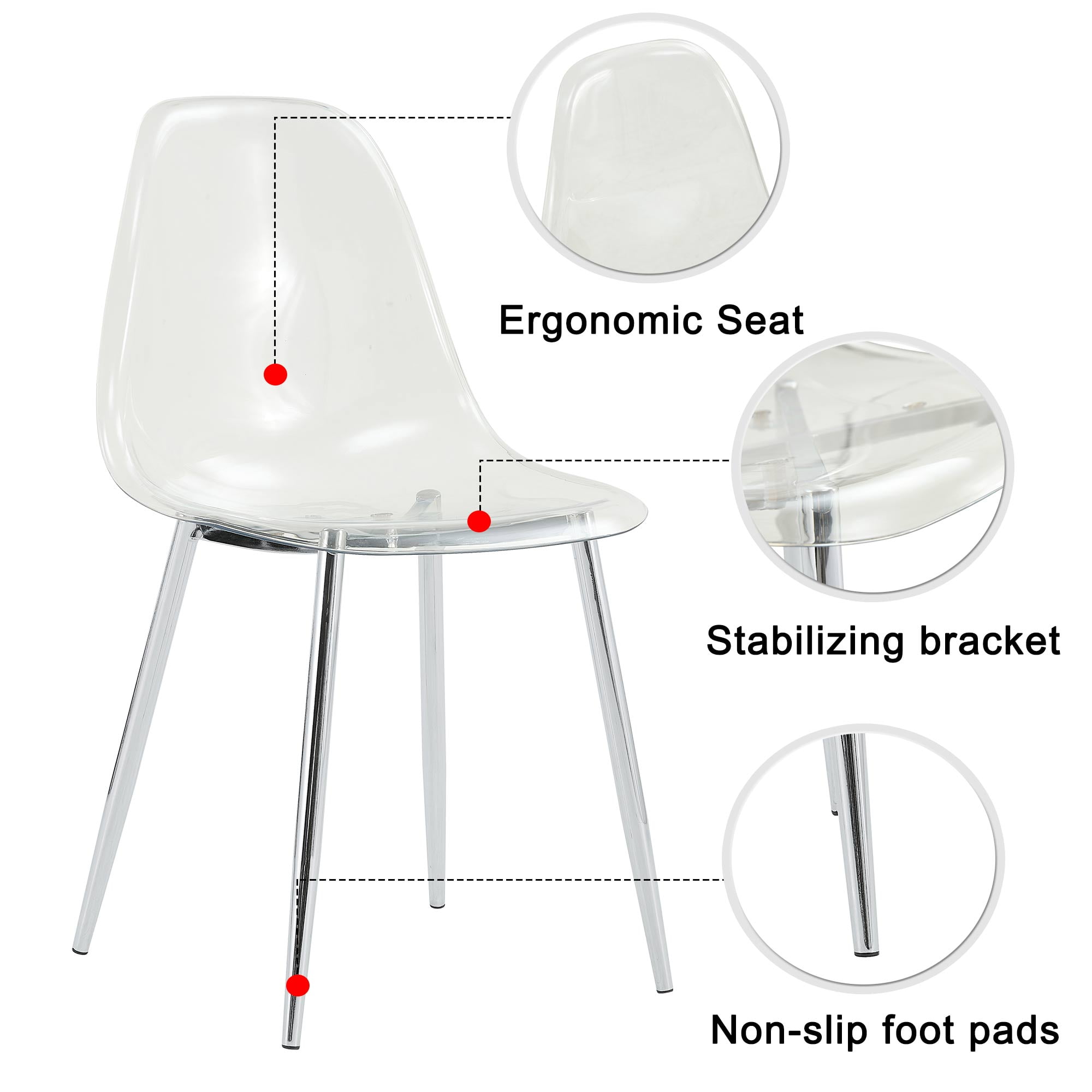 NYEESS Set of 4 Clear Transparent Dining Chairs Armless with Sliver Metal Legs Modern Acrylic Side Chairs for Kitchen Dining Room