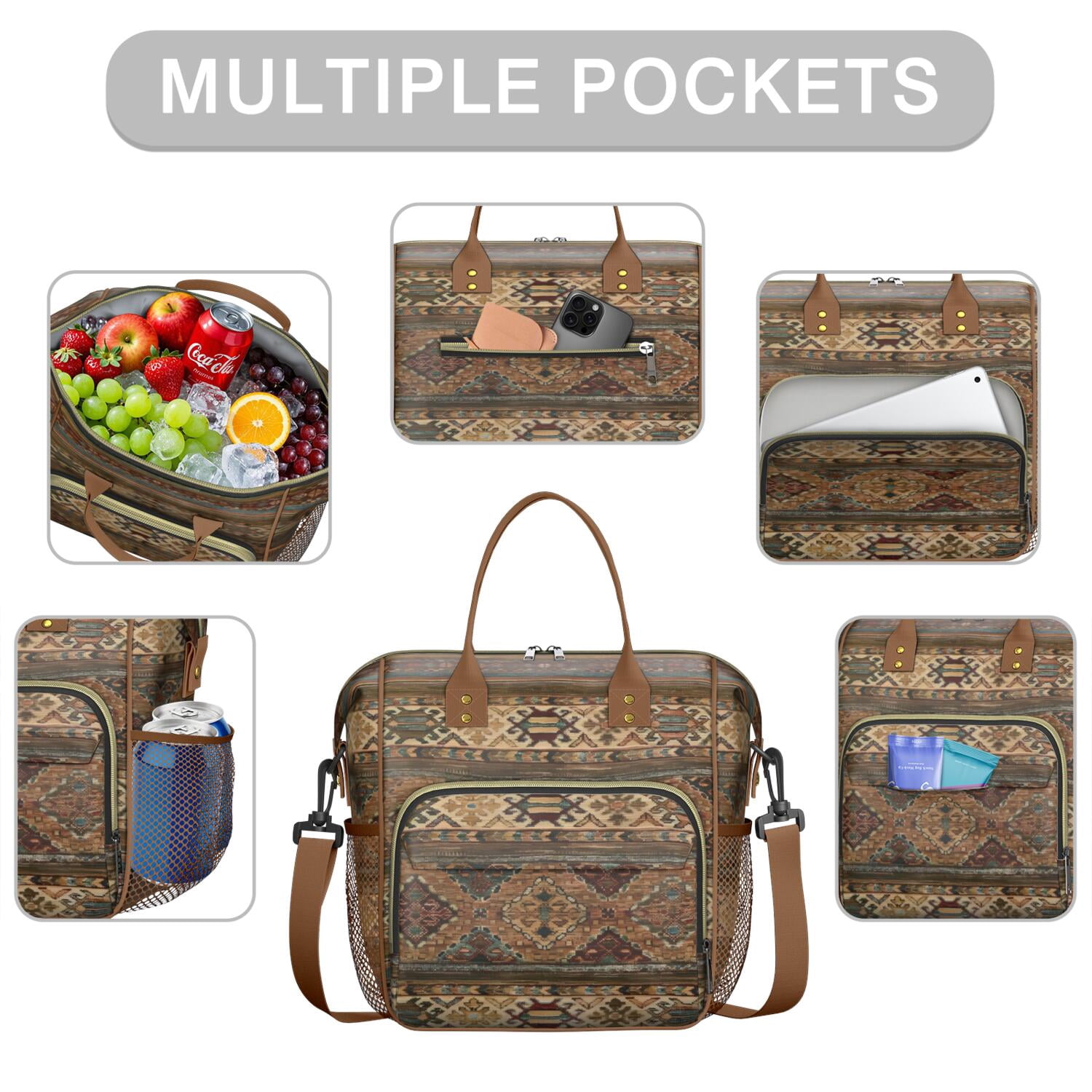 Vintage Floral Lunch Bag for Women – Large Insulated Lunch Box with Adjustable Strap, Leakproof Cooler Tote with Artistic Bohemian Style for Work, Beach, or Teachers