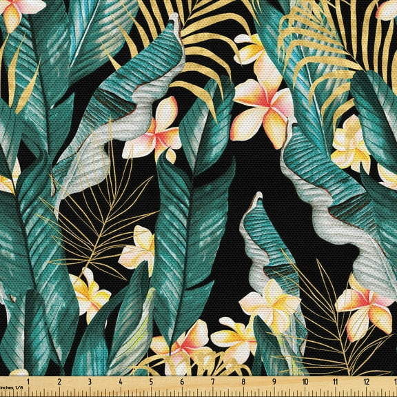 Ambesonne Tropical Fabric by the Yard Upholstery, Plumerias Gold Exotic Leaf, 1 Yard, Pale Orange Forest Green
