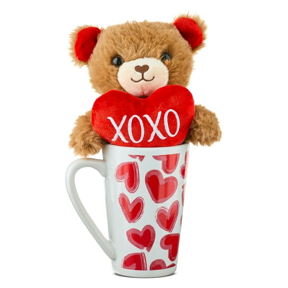 Bear Plush in Heart Mug, Brown, Red, and White, 10", Valentine's Day by Way To Celebrate