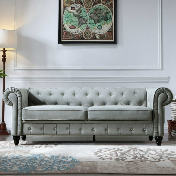 Sofaore Hilton Chesterfield Style Sofa Grey French Velvet Fabric 80 Inch Width Com Hilton Chesterfield Style Sofa Grey, French Velvet Chesterfield Sofa