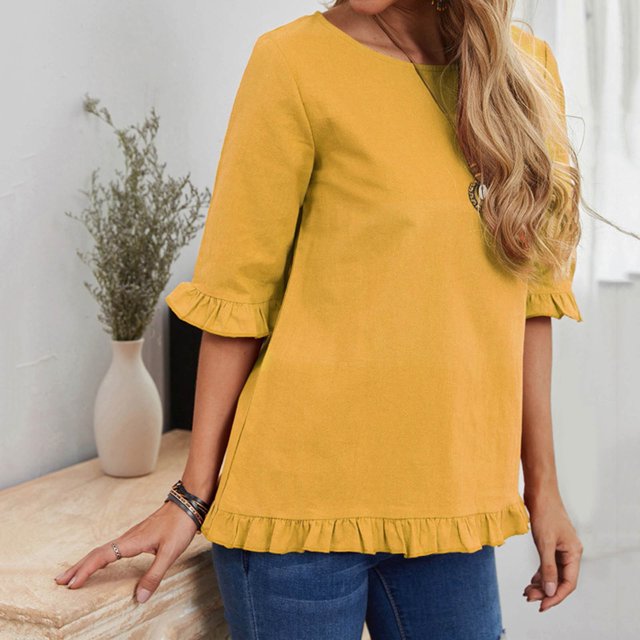Tops de Vacances pour Femmes Mode Femmes Couleur Unie Manches Courtes Chemisier Col Rond Volants Casual Tops