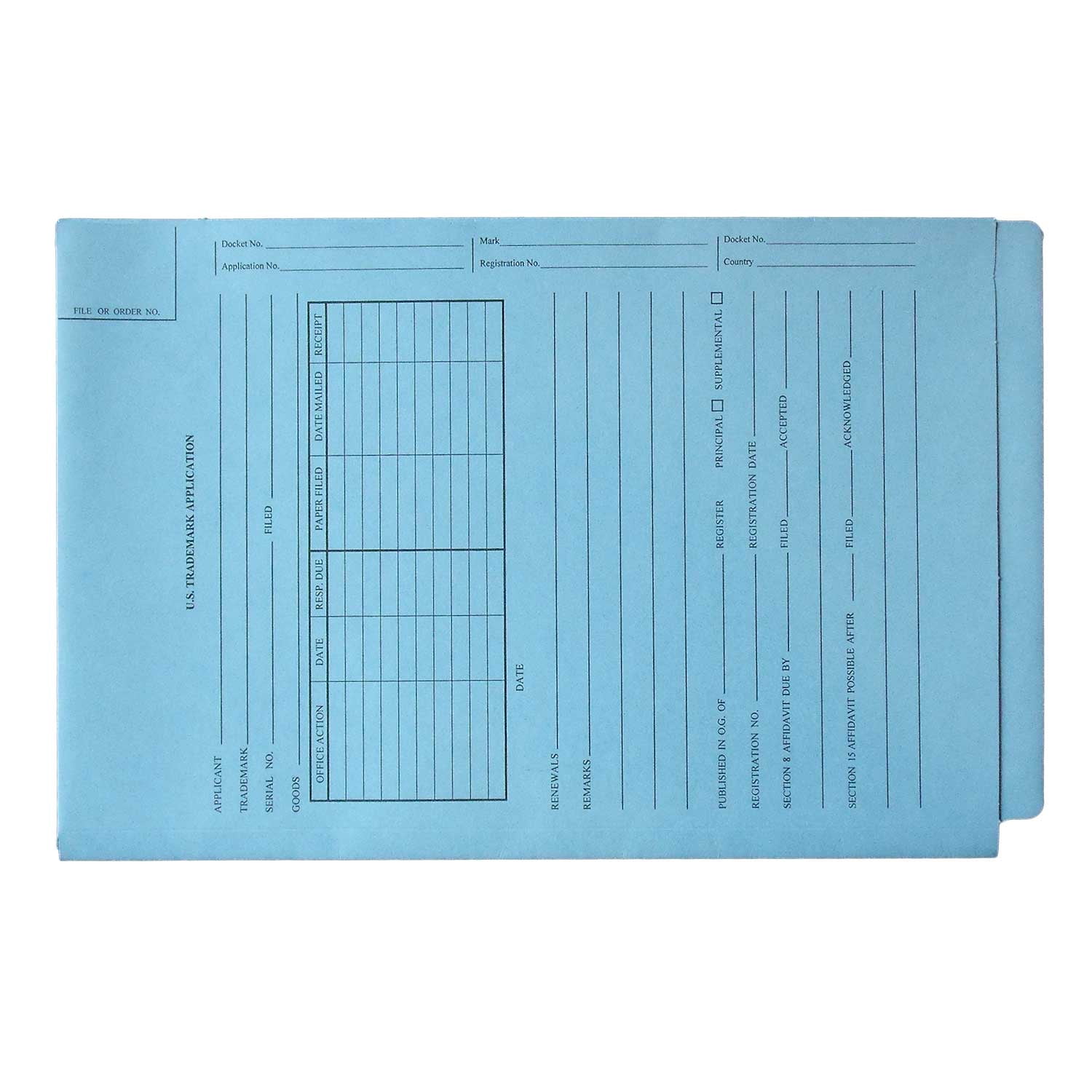 Patent and Trademark Folder, End Tab for Shelf Filing, Blue -"U.S. Trademark Application" (Box of 25)