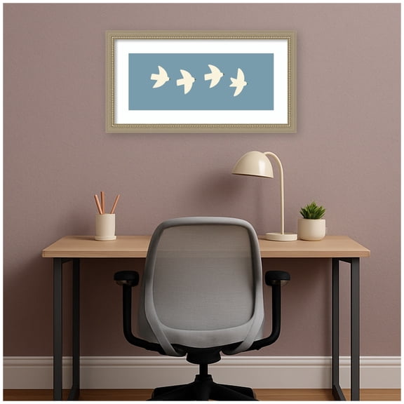 Kate and Laurel Framed Wall Art Print Minimalist Birds Panel Blue by Laura Moss, 26 x 14, Belmont Distress Silver Frame, Modern Contemporary, Animal Art for Wall Decor