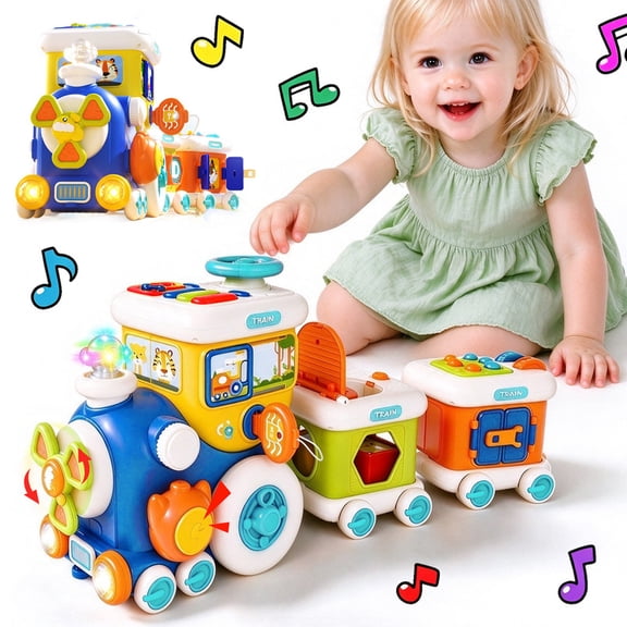 Style-Carry Montessori Train Toy, Activity Busy Cube, Learning Educational Toys for 1 2 3 Year Old Boys Girls