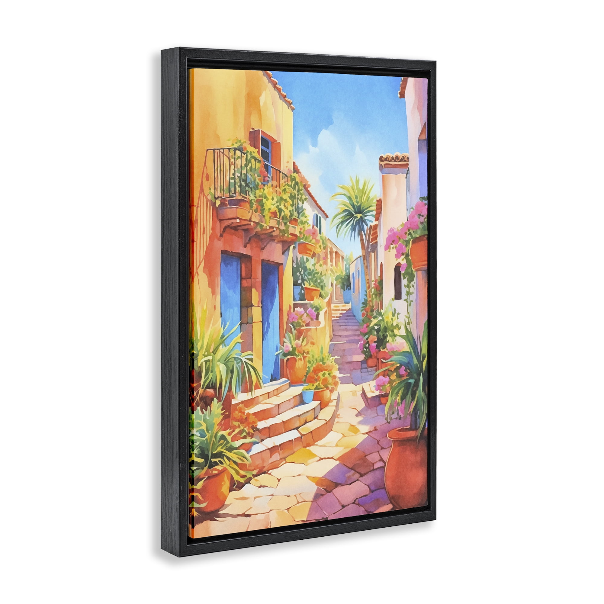 Stupell Industries Bright Mediterranean City Scenery Painting Black Floater Framed Art Print Wall Art, 17 x 25