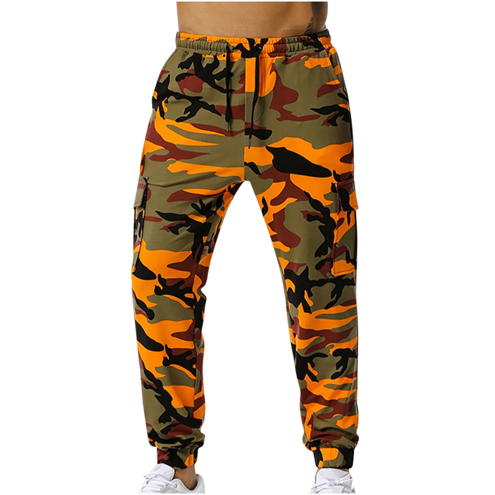XFLWAM Men s Joggers Sweatpants Multi Pocket Lightweight Quick Dry Cargo Pants for Men Camo Elastic Waist Drawstring Pants Orange XXL