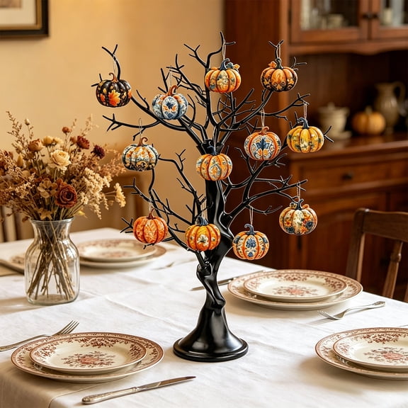 12pcs Fall Pumpkin Maple Leaf Wood Hanging Ornaments, Rustic Farmhouse Wooden Pendants with Floral Designs, Autumn Decor for Thanksgiving, Halloween, Home Table, Tree and Holiday Party, Orange