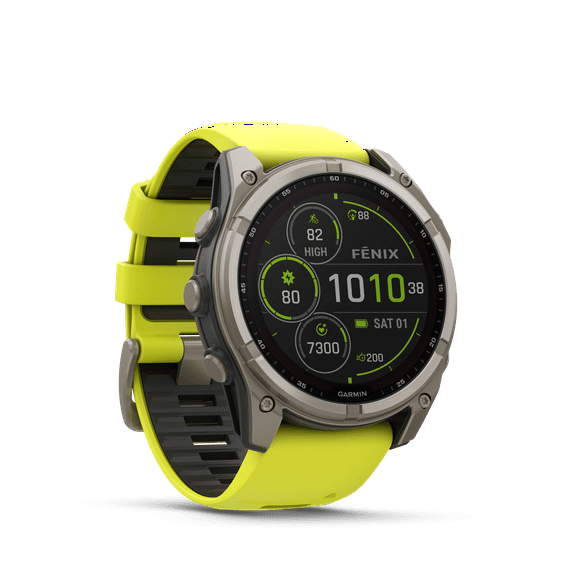 Garmin fēnix 8 Solar Sapphire Smartwatch 51mm - GPS, Compass, Gyroscope and Barometric Altimeter | Titanium with Amp Yellow/Graphite Silicone Band