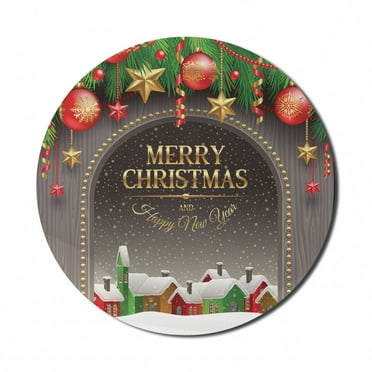 Christmas Mouse Pad for Computers, Classic Rustic Design Season Greetings Yellow Colored Letters Village Ornaments, Round Non-Slip Thick Rubber Modern Mousepad, 8" Round, Multicolor, by Ambesonne
