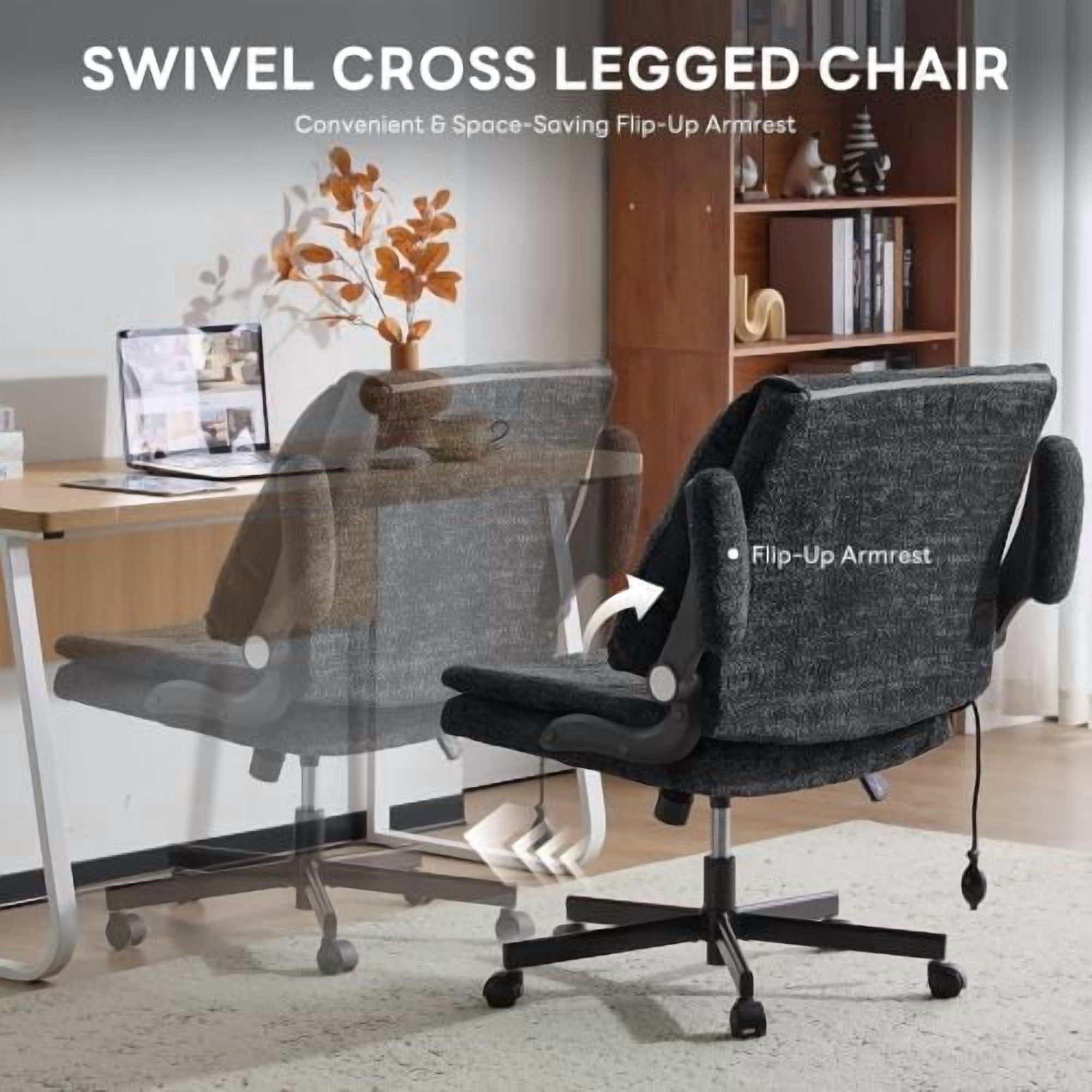 Criss Cross Legged Office Chair with Flip-Up Back, Built-In Dynamic Airbag Lumbar Support, Wide Seat Desk Chair with Flip-Up Arms, Modern Cross-Leg Chair for Home Office, Vanity, Black