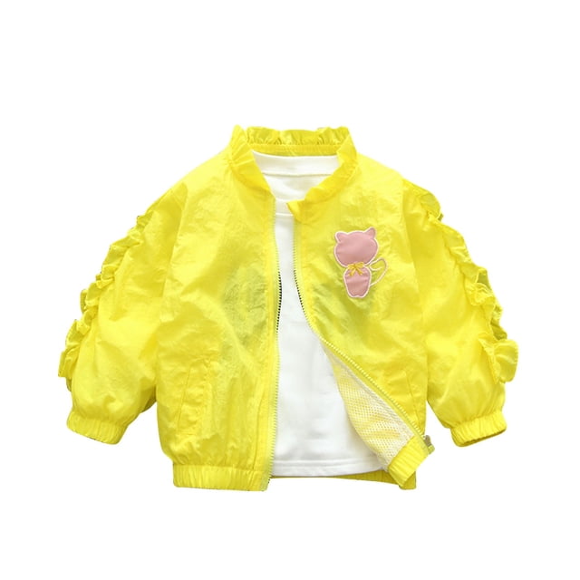 Girls Fall Winter Outfits Ruffle Zip Up Bomber Jacket No Hood, Embroidered Flower Back, Kids Fashion Outerwear (9 Years, Yellow)