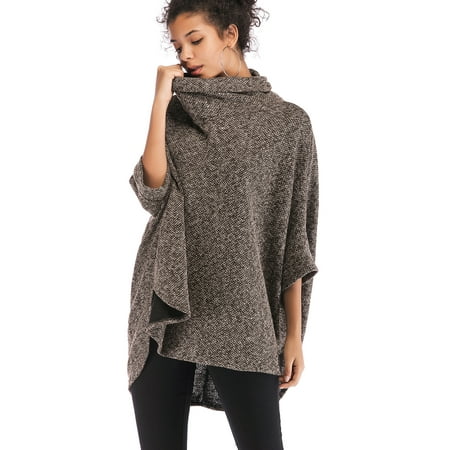 Womens Poncho Oversized Pullover Sweaters Warm Turtleneck Tops Irregular Cloak Bat Sleeve Coat Cape Top