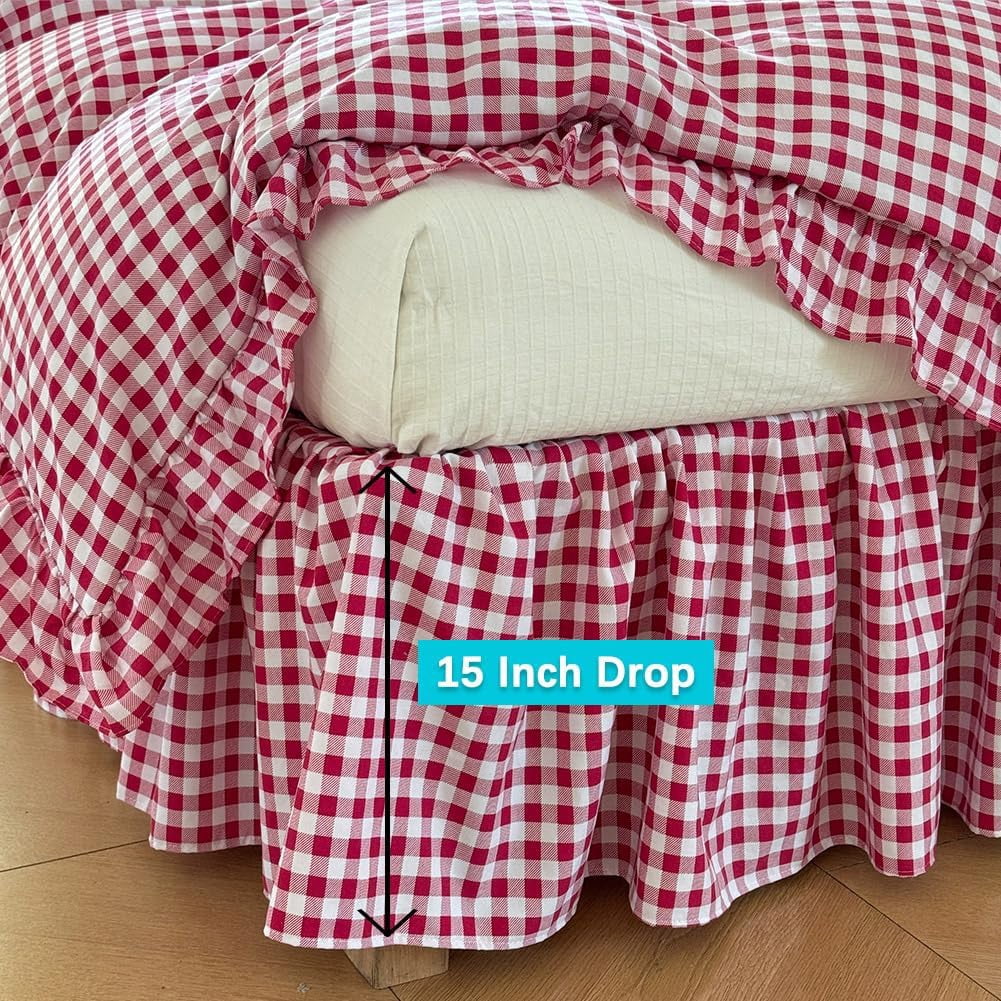 Red Gingham Wrap Around Ruffled Bed Skirt with Lace Decor, Plaid Grid Adjustable Elastic Dust Ruffles for King Bed, 15 Inch Drop Farmhouse Cottage Pleated Bed Frame Cover(Red Gingham, King)
