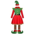 thumbnail image 7 of VNKIDY Girls Outfit Christmas Kids Elf Fancy Dress Set Green Red Long Sleeve Button Down Dress With Ruffled Shoulders Striped Socks Elf Hat Pointed Shoes For Santa Celebration Lovely Sets, 7 of 7