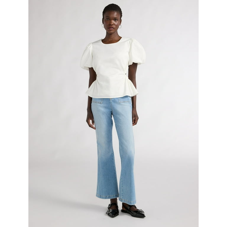 Scoop Women's Poplin Puff Sleeve Top with Cutouts, Sizes XS