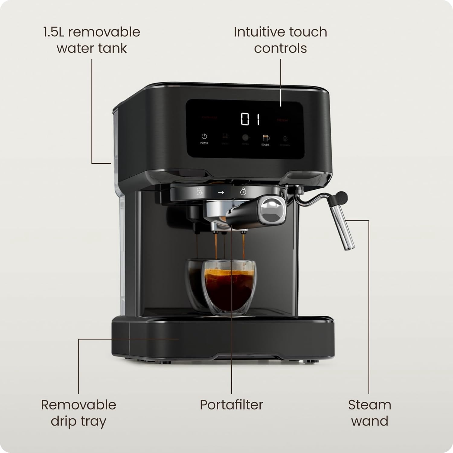 CraftBrew Espresso Machine, 15-Bar Pump Digital Espresso Maker w/Steam Wand for Latte & Cappuccino, Compact Espresso Coffee Machine w/ 1.5L Removable Water Reservoir - Black