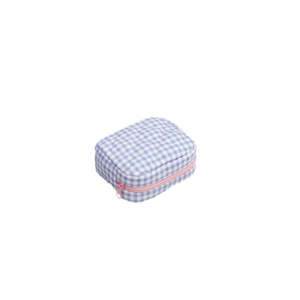 Set de neceser de viaje. Bolsa de cosméticos acolchada y organizadora para mujeres y niñas. Estampado de cuadros vichy con volantes. Mini almacenamiento