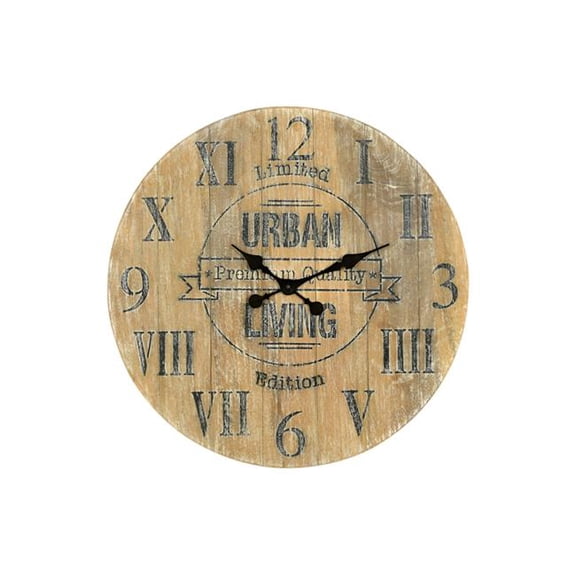 HomeRoots 554636 24 in. Natural Distressed Solid Wood Silent Analog Round Wall Clock