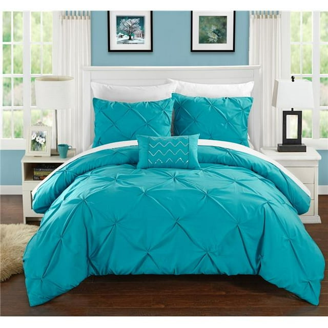 Chic Home DS2444-US 4 Piece Yvonne Pinch Ruffled & Pleated Complete Queen Duvet Cover Set with Turquoise Shams & Decorative Pillows