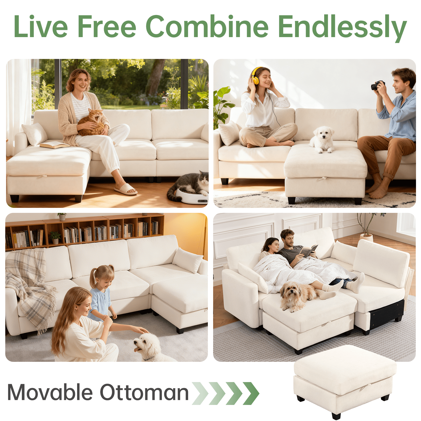109" Modular Sectional Sofa Sleeper Bed with Storage Ottoman, Oversized Deep Seat Cloud Couch with Movable Ottomans, Convertible 4-Seat L-Shaped Sofa for Living Room or Apartment (High Legs 3.15")