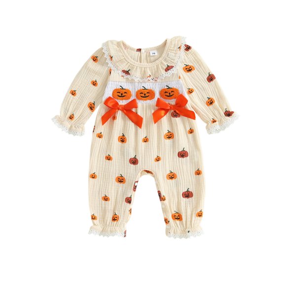 Jxzom Newborn Baby Girl Halloween Outfits Puff Sleeve Cotton Linen Ruffle Pumpkin Print One Piece Jumpsuit Fall Clothes