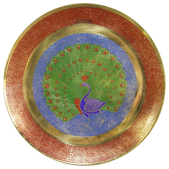 Natural Geo Assiette Décorative en Laiton Paon Coloré