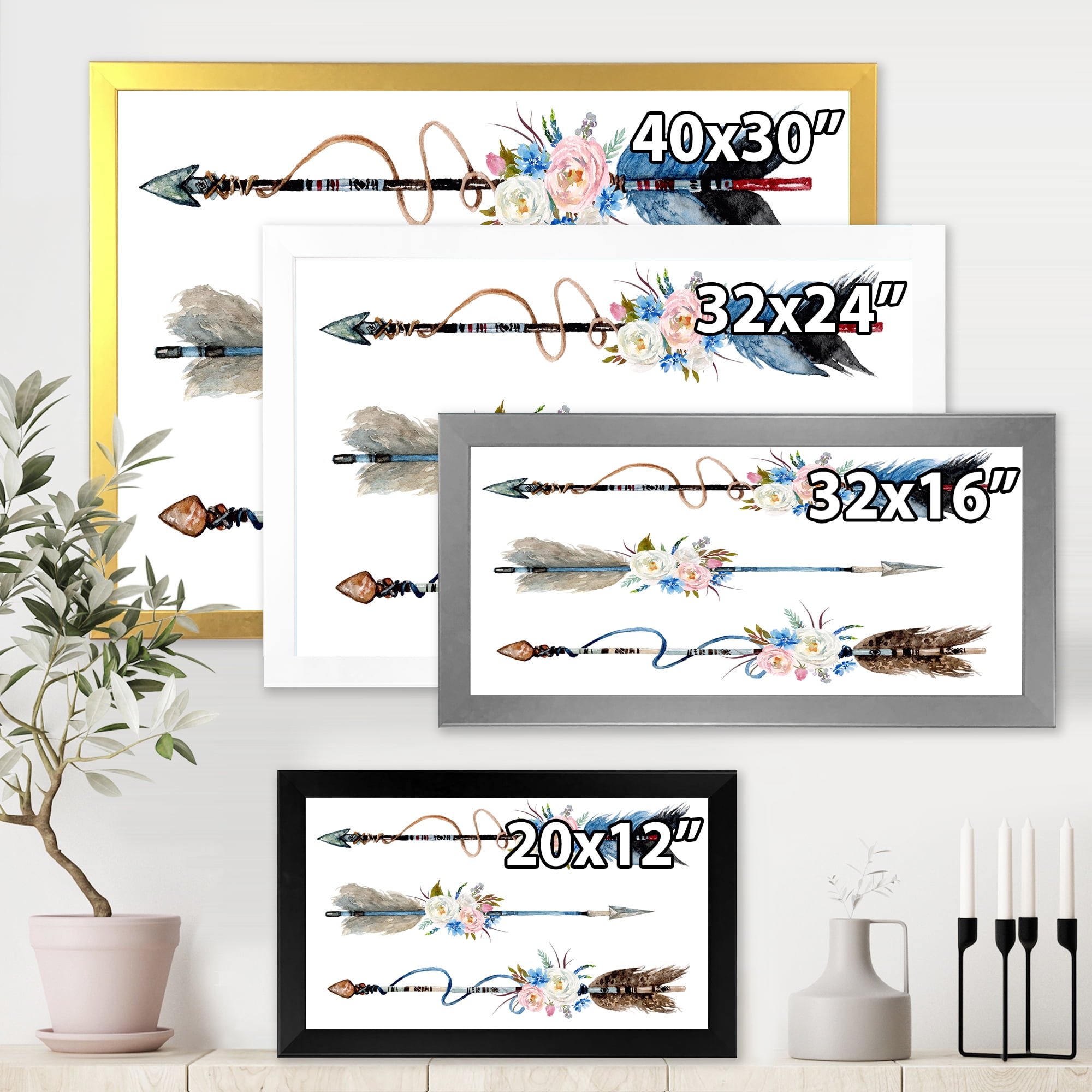 Designart 'Flowers and Ethnic Feathers On Native Arrows I' Bohemian & Eclectic Framed Art Print