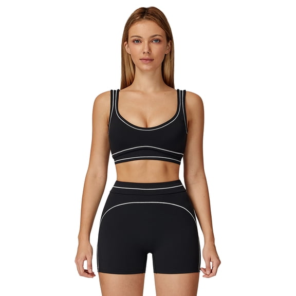 IBTOM CASTLE Womens Workout Sets Color Block Sports Bra Matching High Waist Shorts 2 Piece Gym Yoga Pilates Outfits Black