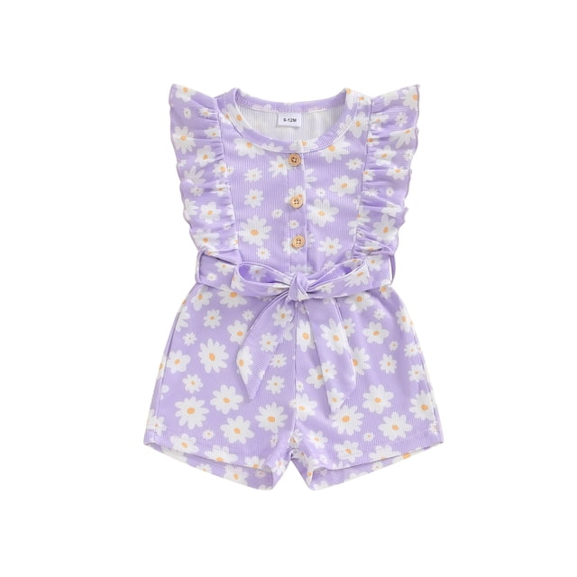 Gupgi Combinaison à Fleurs pour Bébés Filles, Été, à Volants, Sans Manches, Col Rond, Imprimé, Combishort Ceinturé, Short, Barboteuse pour Tout-Petits